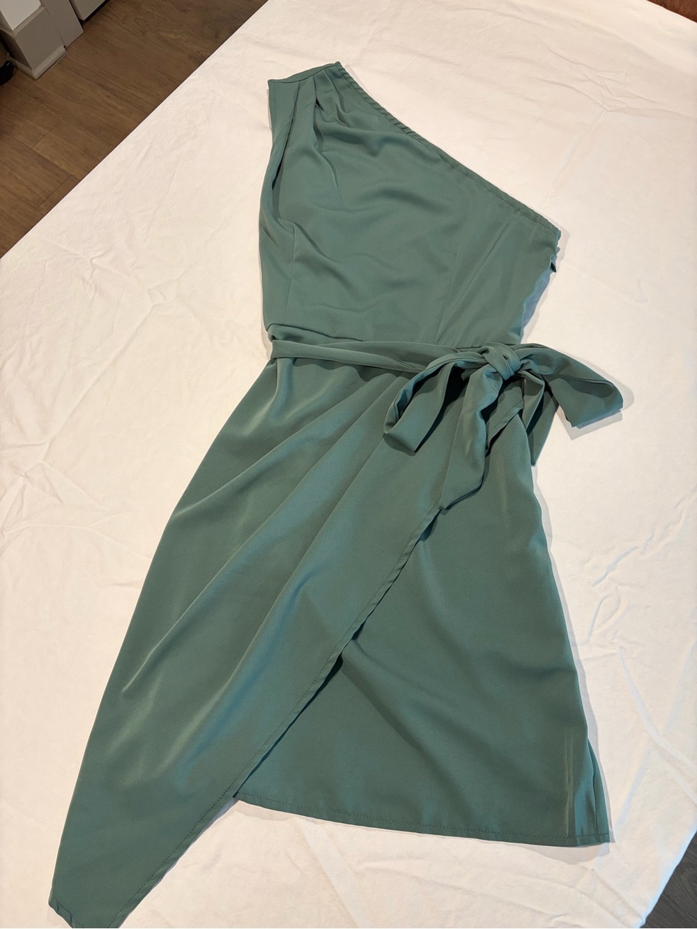 SHEIN One-Shoulder Sage Green Wrap Dress with Tie Waist